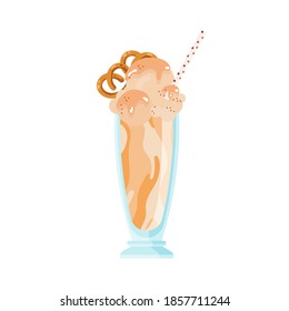 Glass of cold caramel milkshake decorated with pretzel. Frappe or milk cocktail with ice cream. Summer refreshing drink with straw. Flat vector cartoon illustration isolated on white background