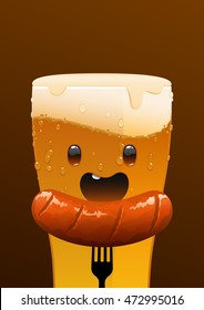 glass of cold character beer and a sausage on a brown background