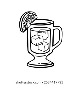 Glass with cold citrus drink, tea line, outline