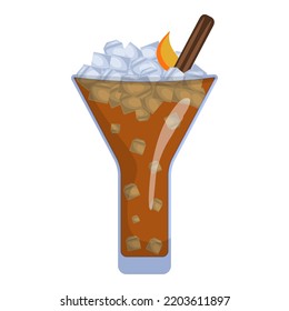 A glass glass with cold coffee. Coffee drink with ice and cinnamon. Vector