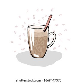 A glass of cold coffee with ice and cream, an invigorating and refreshing summer drink. Vector illustration in cartoon style .
