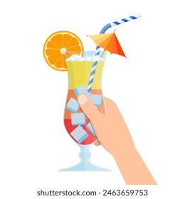 Glass of cold drink, alcohol cocktail in hand. Vector illustration in flat style