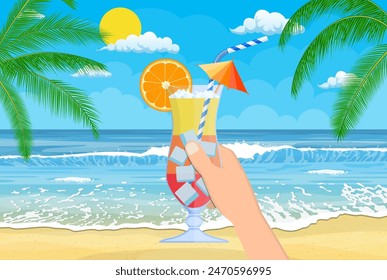 Glass of cold drink, alcohol cocktail in hand. Landscape of palm tree on beach. Sun with reflection in water and clouds. Day in tropical place. Vacation and holidays. illustration in flat style