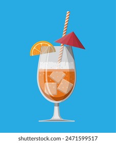 Glass of cold drink, alcohol cocktail. Orange slice and umbrella. Lemonade or fruit juice with ice cubes. Refreshment beach drink with straw. Vector illustration in flat style