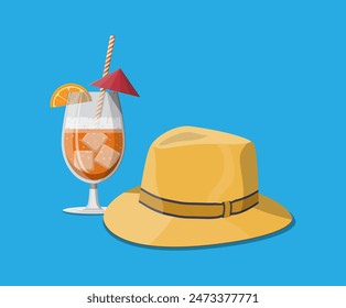 Glass of cold drink, alcohol cocktail. Orange slice and umbrella. Lemonade or fruit juice with ice cubes. Refreshment beach drink with straw. Men straw hat. Vector illustration in flat style