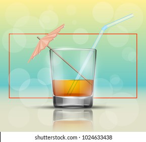 Glass cold drink alcohol & straw. Bright soda & umbrella. A glass of lemonade or fruit juice with umbrella. Cold iced tea. Bar with a glass of cocktail fizzy water drink with straw