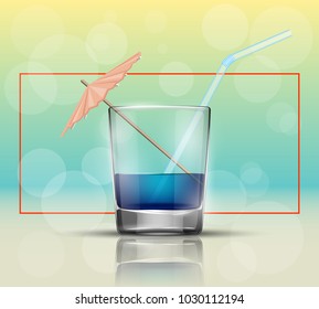 Glass cold drink alcohol & straw. Bright soda & umbrella. A glass of lemonade or fruit juice with umbrella. Cold iced tea. Bar with a glass of cocktail fizzy water drink with straw