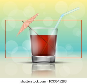 Glass cold drink alcohol & straw. Bright soda & umbrella. A glass of lemonade or fruit juice with umbrella. Cold iced tea. Bar with a glass of cocktail fizzy water drink with straw