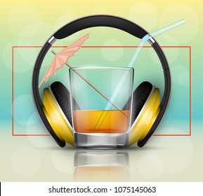 Glass cold drink alcohol & straw headphones. Bright soda & umbrella, headphone. Glass lemonade fruit juice umbrella. Cold iced tea headphone. Bar with glass cocktail fizzy water drink straw earphones
