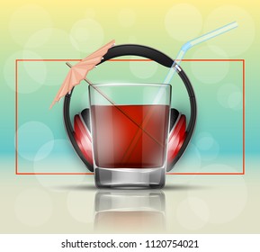 Glass cold drink alcohol & straw headphones. Bright soda & umbrella, headphone. Glass lemonade fruit juice umbrella. Cold iced tea headphone. Bar with glass cocktail fizzy water drink straw earphones