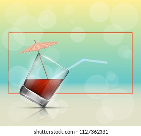 Glass cold drink alcohol & straw banner. Summer Bright soda cocktail & umbrella. Glass lemonade fruit juice umbrella summer banner. Cold iced tea Bar with glass cocktail fizzy water drink straw banner