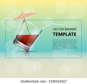 Glass cold drink alcohol & straw banner. Summer Bright soda cocktail & umbrella. Glass lemonade fruit juice umbrella summer banner. Cold iced tea Bar with glass cocktail fizzy water drink straw banner