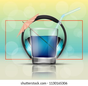 Glass cold drink alcohol & straw headphones. Bright soda & umbrella, headphone. Glass lemonade fruit juice umbrella. Cold iced tea headphone. Bar with glass cocktail fizzy water drink straw earphones