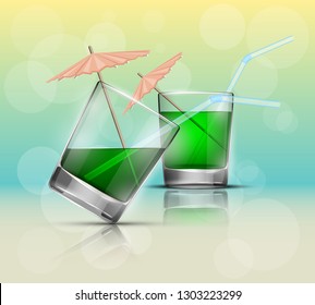 Glass cold drink alcohol & straw banner. Summer Bright soda cocktail & umbrella. Glass lemonade fruit juice umbrella summer banner. Cold iced tea Bar with glass cocktail fizzy water drink straw banner