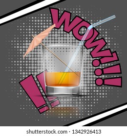 Glass cold drink alcohol & straw banner. Summer comics soda cocktail & umbrella. Glass lemonade fruit juice umbrella summer banner. Cold iced tea Bar with glass cocktail fizzy water drink straw banner