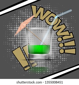 Glass cold drink alcohol & straw banner. Summer comics soda cocktail & umbrella. Glass lemonade fruit juice umbrella summer banner. Cold iced tea Bar with glass cocktail fizzy water drink straw banner