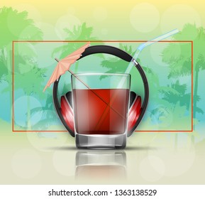 Glass cold drink alcohol & straw headphones. Bright soda & umbrella, headphone. Glass lemonade fruit juice umbrella. Cold iced tea headphone. Bar with glass cocktail fizzy water drink straw earphones
