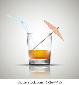 Glass cold drink alcohol & straw. Bright soda & umbrella. A glass of lemonade or fruit juice with umbrella. Cold iced tea. Bar with a glass of cocktail fizzy water with straw