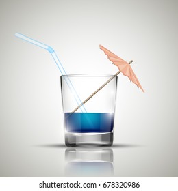 Glass cold drink alcohol & straw. Bright soda & umbrella. A glass of lemonade or fruit juice with umbrella. Cold iced tea. Bar with a glass of cocktail fizzy water with straw