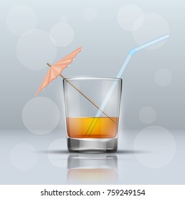 Glass cold drink alcohol & straw. Bright soda & umbrella. A glass of lemonade or fruit juice with umbrella. Cold iced tea. Bar with a glass of cocktail fizzy water drink with straw