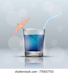 Glass cold drink alcohol & straw. Bright soda & umbrella. A glass of lemonade or fruit juice with umbrella. Cold iced tea. Bar with a glass of cocktail fizzy water drink with straw