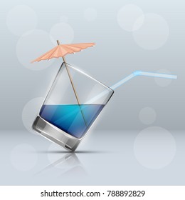 Glass cold drink alcohol & straw. Bright soda & umbrella. A glass of lemonade or fruit juice with umbrella. Cold iced tea. Bar with a glass of cocktail fizzy water drink with straw