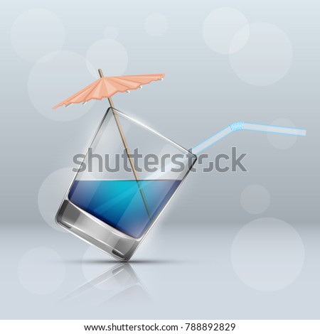 Glass cold drink alcohol & straw. Bright soda & umbrella. A glass of lemonade or fruit juice with umbrella. Cold iced tea. Bar with a glass of cocktail fizzy water drink with straw