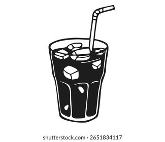 Glass of cold drink with ice cubes and straw. Black and white hand drawn vector illustration isolated on white background. Refreshing beverage concept