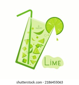 Glass with cold drink. Lime, citrus. Lemonade with ice and mint. Vector illustration, background is isolated.