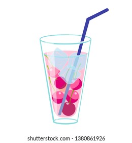 Glass with cold drink,straw , berries and ice. Summer cooling drink. Color vector image. Vertical image for postcards, flyers, illustrations