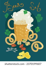 Glass of cold foamy beer with snacks and nuts, decorated with clover leaves