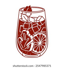 A glass of cold grapefruit juice with ginger, mint and ice cubes. A cooling autumn drink with vitamins. Cocktail of red, burgundy color in a flat style isolated on white. Contrasting illustration