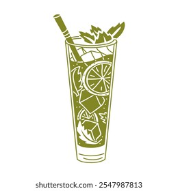 A glass of cold green mojito with lime, mint and a straw. A spring soft drink with pieces of fruit in a flat style on a white background. A glass glass with a refreshing drink. Isolated illustration