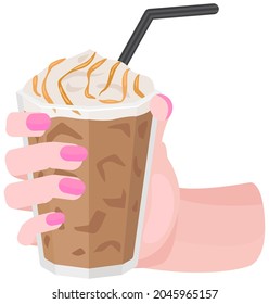 Glass with cold, invigorating drink. Take away coffee, beverage to go vector illustration. Woman's hand holding cup of aromatic coffee with ice and whipped cream. Refreshing drink, take away ice latte