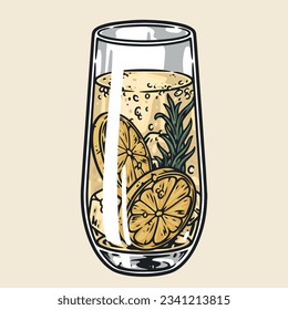 Glass of cold lemonade colorful detailed sticker with carbonated soda and lemon slices near ice cubes vector illustration