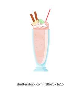 Glass of cold milkshake decorated with apple, cinnamon and marshmallow topping. Cocktail with whipped cream. Summer refreshing beverage with straw. Flat vector cartoon illustration isolated on white