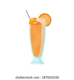 Glass of cold milkshake decorated with ice cream and orange slices. Summer refreshing fruit cocktail with straw. Flat vector cartoon illustration of sweet sorbet isolated on white background