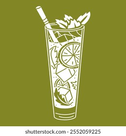 Un vaso de mojito frío con lima, menta y una pajita en el verde. Silueta de un refresco de primavera con trozos de fruta. Un vaso con una bebida refrescante. Una ilustración separada