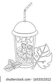 Glass with a cold summer drink - vector linear picture for coloring. Outline. Juice with ice and slices of watermelon in a glass with a lid and a drinking straw. Drink decorated with mint and tropical