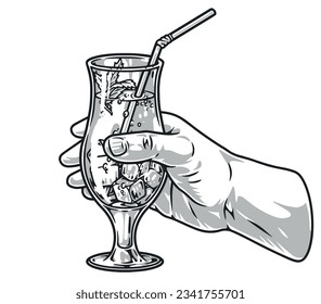 Glass cold tea element monochrome with hand person offering to try soft drink with ice and mint leaves vector illustration