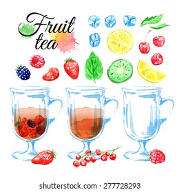 Glass of cold tea. Vector watercolor. Isolated elements for easy use. Food background. Fruits and berries. 