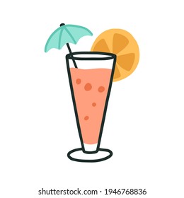 Glass Of Cold Tropical Beach Cocktail With Straw, Umbrella And Citrus Slice. Summer Refreshing Drink With Fruit. Colorful Flat Vector Illustration Of Fruity Beverage Isolated On White Background