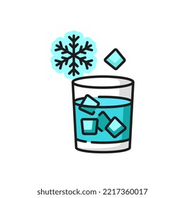 Glass with cold water and ice cubes isolated outline sign. Vector snowflakes sign, refreshing water beverage. Cocktail, froze liquid with ice cubes, juice or alcohol drink in cup, thin line blue color