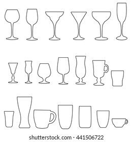 Glass collection. Cocktail glass contour. Vector set of monochrome glass.