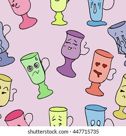 Glass collection with faces. Funny cups background. Hand drawn vector stock illustration. Seamless background pattern.