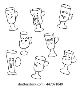Glass collection with faces. Hand drawn vector stock illustration. Black and white whiteboard drawing.