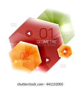 Glass color hexagons. Glossy plastic hexagon design with text