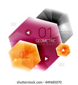 Glass color hexagons. Glossy plastic hexagon design with text