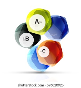 Glass color hexagons. Glossy plastic hexagon design with text and option infographics