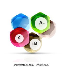 Hexagones de color de vidrio. Diseño de hexágono plástico brillante con infografía de texto y opción
